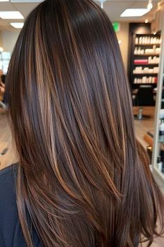 Long Straight Chocolate Layers With Caramel Highlights Hairstyle on woman with brown hair in salon, back view. Caramel Chocolate Highlights, Straight Brunette Hair With Lowlights, Subtle Brown Highlights On Brown Hair, Highlight For Straight Hair, Korean Hair Highlights Brown, Balayage In Straight Hair, Women’s Dark Brown Hair With Highlights, Toned Brown Hair With Highlights, Milk Chocolate Hair Color With Highlights