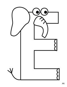 the letter e is for elephant coloring page with an animal face on top of it