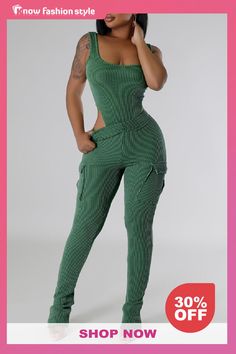 knowfashionstyle Casual  U Neck Sleeveless Pocket One Piece Bodysuit And Stacked Pants Two Pieces Trouser Set Stacked Pants, Corset Pants, Denim Jacket With Dress, Short Denim Skirt, Two Piece Pants Set, Pant Suit, Crop Top And Shorts, Lace Dress Long, Plus Size Jumpsuit