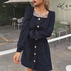 Black Single Breasted Mini Dress, Winter Button-up Dress With Buttons, Button-up Winter Dresses With Buttons, Black Long Sleeve Mini Dress With Buttons, Winter Mini Dress With Buttons, Casual Square Neck Mini Dress With Buttons, Casual Mini Dress With Square Neck And Buttons, Fall Knee-length Mini Dress With Buttons, Black Dresses With Button Cuffs For Fall