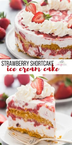 strawberry shortcake ice cream cake on a white plate