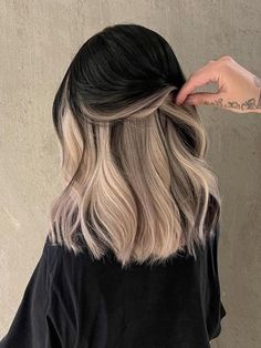 black hair with ash blonde underneath Two Toned Hair, Hair Streaks, Halo Hair, Tone Hair