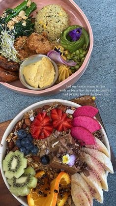 two bowls filled with different types of food on top of a table next to each other