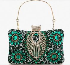 Evening Bag, Clutch, Shoulder Bag Green with Green jewels and rhinestones with rhinestone clasp and Gold handle.  Comes with chain for optional shoulder wear.  7.9" X 5.1" Green Rhinestone Clutch Evening Bag, Elegant Green Evening Bag With Rhinestones, Green Embellished Rectangular Evening Bag, Rhinestone Clutch, Bag Green, Gold Handles, Green Bag, Clutch Handbag, Evening Bags