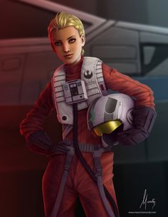 a woman in a red space suit holding a helmet