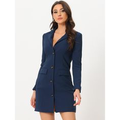 Material Type: 100% Polyester; The retro single breasted design adds a classic and elegant feel to this blazer dress, while the notched lapel collar makes you look more capable in the office. Two flap pockets make this casual blazer dress look more stylish and allow you to warm your hands in winter or just to make postures for taking pictures. This solid blazer dress is in unique design, and you can wear it to work for that business casual day at work and have a seamless transition to happy hour Dress Dark Blue, Work Blazer, Business Party, Seamless Transition, Urban Looks, Casual Blazer, Chic Woman, Blazer Dress, Office Work