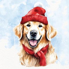 a watercolor painting of a dog wearing a red hat and scarf with his tongue out