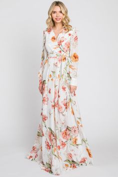 Ivory Floral Chiffon Long Sleeve Maxi Dress Chiffon Long Sleeve Maxi Dress, Long Sleeve Chiffon Maxi Dress, Floral Print Chiffon Maxi Dress, Long Sleeve Floral Maxi Dress, Floral Chiffon Maxi Dress, Maternity Maxi Dress, Chiffon Wrap, Wrap Dresses, Maternity Maxi