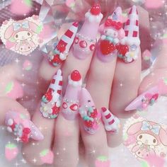 My Melody Wedding Dress, Kawaii Nail Charms, Cute Sanrio Nails, Sanrio Nails Acrylic, Kawaii Nails Acrylic, Hello Kitty Acrylic Nails, My Melody Nails, Sanrio Nails, Gyaru Nails