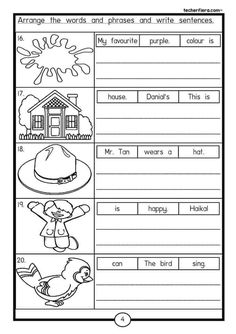 worksheet for reading the words and phrasses with pictures to help students learn