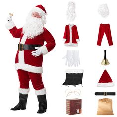 a man dressed up as santa claus and other christmas costumes, including stockings, gloves, hat, eyeglasses