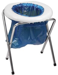 a blue and white chair with a plastic bag in it