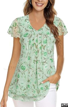 Fisdy - Floral Print Waist-Tied Short Sleeve Chiffon Blouse: Elegant and Relaxed Casualwear Casual Dress Shirt, Floral Chiffon Blouse, Loose Fit Blouse, Colorful Crop Tops, Loose Fit Shirts, Formal Shirt, Elegant Blouses, Wear Green, Shirt Dress Casual