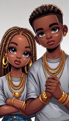 A close-up cartoon-style image featuring an African girl and boy with cornrows. Both are adorned with gold jewelry, including thick gold chains and bracelets. They are wearing baggy t-shirts with a solid Grey background. Profile Picture For Boys, Boy Pfp, New Animation Movies, Black Baby Art, Hood Wallpapers, King Pic, Soulful Art, Cool Galaxy Wallpapers, Iphone Wallpaper For Guys