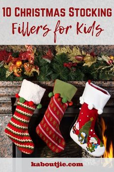 stockings hanging from the fireplace with text overlay that reads 25 awesome stocking stuff for toddlers