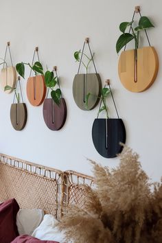 four hanging planters on the wall above a bed