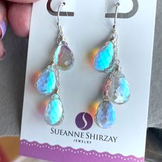 "PLUMP AND JUICY , these stones are INTENSE! Fabulous teardrop quartz that radiate the colors of the rainbow are placed on a Sterling silver or 14k gold filled chain, with sterling silver lor 14k gold filled everbacks.  Apprx. length 2.\"  See videos on my instagram, SueanneShirzay. Your jewelry will arrive beautifully giftboxed." Iridescent Sterling Silver Dangle Earrings, Hypoallergenic Sterling Silver Iridescent Jewelry, Hypoallergenic Iridescent Sterling Silver Jewelry, Iridescent Teardrop Jewelry For Gift, Iridescent Wire Wrapped Dangle Earrings, Sterling Silver Briolette Teardrop Gemstone Earrings, Iridescent Teardrop Hypoallergenic Jewelry, Rainbow Teardrop Jewelry For Gifts, Rainbow Hypoallergenic Dangle Jewelry