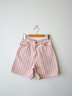 "Vintage Pink/White check High Waisted Jena Shorts/Denim Shorts. Measurements Length   : 16 1/2\" Waist      : 25\" Hips        : 38\" Rise         : 11\" Inseam    : 6\" Condition: Gently used. There's no stains or holes. Good condition.  ※Please read the policy before you purchase※" Plaid High Waist Cotton Shorts, High Waist Plaid Cotton Shorts, Short Denim, Shorts Denim, Jena, Measurement Length, Vintage Pink, Short Outfits, Pink White