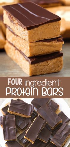 four ingredient protein bars stacked on top of each other with text overlay that reads, four ingredient protein bars