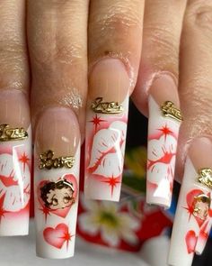 Buchona Christmas Nails, Betty Boop Valentines Day Nails, Different Nails On Each Finger, Old School Acrylic Nail Designs, Betty Boop Christmas Nails, Long Aesthetic Nails, Juicy Couture Nails