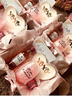 valentine's day soaps and body lotions in pink paper bags