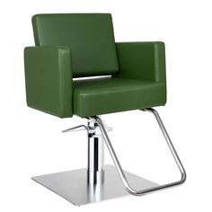 a green chair sitting on top of a metal base