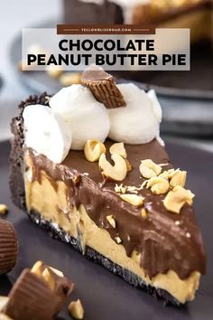 a piece of chocolate peanut butter pie on a black plate with the rest of the pie in the background