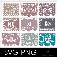 the svg - png cut file is shown with different designs and colors, including skulls