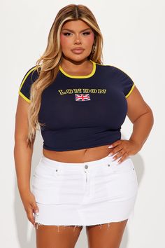 Available In Navy. Crew Neck Short Sleeve Front Screen Stretch Imported | London With Love Baby Tee Shirt in Navy Blue size 2X by Fashion Nova Blue Stretch Tops With Letter Print, Trendy Fitted Navy Tops, Trendy Navy Top With Letter Print, Fitted Navy T-shirt For Spring, Casual Navy Stretch Tops, Trendy Navy Summer Tops, Navy Tops With Letter Print For Spring, Navy Stretch Trendy Top, Trendy Stretch Navy Top