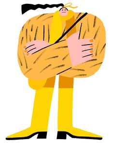 a drawing of a person wrapped up in a blanket and holding a stick with both hands