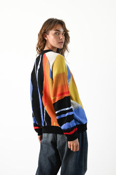 An elevated take on a classic sweater, the Tapestry Crew Knit features colors of canyons at sunset in a heavyweight jacquard pattern. Featuring thick, ribbed crew neckline, cuffs, and waist trim with a deep drop shoulder. Oversized Multicolor Sweater With Ribbed Cuffs, Multicolor Fall Sweatshirt With Ribbed Cuffs, Multicolor Ribbed Collar Sweater For Fall, Logo Script, Classic Sweater, California Dreaming, Jacquard Pattern, Raglan Sleeve, Oversized Fits