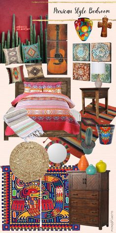 a collage of mexican style bedroom decor