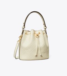 T Monogram Leather Bucket Bag: Women's Designer Crossbody Bags | Tory Burch Elegant Coated Canvas Bucket Bag For Errands, Coated Canvas Pouch Bucket Bag, T Monogram, Womens Designer Handbags, Designer Crossbody, Designer Crossbody Bags, Monogrammed Leather, Leather Bucket Bag, Leather Bucket