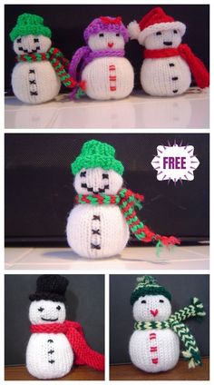 crocheted snowmen with hats and scarves on their heads are shown in three different pictures