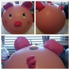 three pictures of an inflatable pig with eyes, nose and ears on it's head