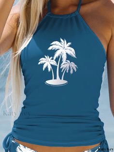 Katykey - Coconut Tree Print Halter Tankini Set: Stylish and Comfortable 2-Piece Swimwear with Drawstring Stretch and Backless Design - Ideal for Beach, Pool, and Bathing. Perfect Womens Swimwear & Clothing Option in Blue Blue Palm Tree Print Swimwear For Summer, Halter Neck Top For Beach Season Poolside, Halter Neck Tops For Beach Season Poolside, Poolside Vacation Halter Neck Top, Hawaiian Halter Neck Tankini For Vacation, Beach Season Halter Neck Top For Vacation, Blue Palm Tree Print Swimwear For Vacation, Summer Holiday Beachwear Tankini, Beachy Halter Neck Top For Vacation