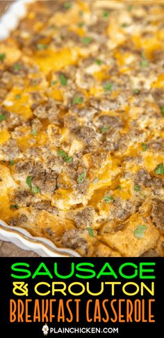 sausage and crouton breakfast casserole in a white dish