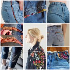 several pictures of different types of jeans with designs on the back and side, including one woman's waist