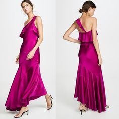 Galvan London Flora Asymmetrical Gown Maxi Dress Size: 4 New With Tags In Excellent Condition From A Smoke And Pet Free Home Solid Magenta Pink Satin Sleeveless With One Shoulder Asymmetrical Ruffle Skirt Ruffle Chest Concealed Side Zipper Lined Bust: 28.5" Waist: 25" Hip: 27.5" Length: 56" Fabric: 73% Acetate, 27% Viscose Item # Glv23052 Stunning / Statement / Silky / Cocktail / Event / Party / Special Occasion / Dinner / Evening / Date / Colorful / Elegant / Sophisticated / Designer / Luxury / Asymmetrical Ruffled Evening Dress For Wedding, Asymmetrical Ruffle Evening Dress For Wedding, Asymmetrical Ruffled Wedding Evening Dress, Chic Purple Evening Gown, Purple Ruffled Gown For Formal Occasions, Purple Floor-length Evening Dress With Ruffles, Purple Floor-length Ruffled Evening Dress, Purple Ruffled Evening Dress, Purple Bias Cut Dress For Evening