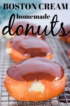 chocolate frosted boston cream donuts cooling on a wire rack with text overlay reading how to make boston cream donuts