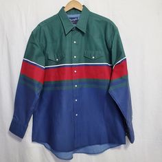 Vintage Wrangler Western Shirts Longsleeve Button Front Shirt Colorblock Striped In Blue Red Green Pearl Snap Button Placket And Cuffs Button Flap Chest Pockets Structured Shirt, Never Worn Or Washed 27.5" Ptp, 31-34" Long New Condition Wrangler Shirts, Vintage Wrangler, Button Front Shirt, Western Shirts, Button Placket, Casual Shirts For Men, Striped Shirt, Snap Button, Casual Button Down Shirts