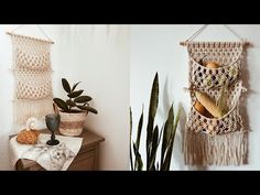 there are two macrame wall hangings on the wall