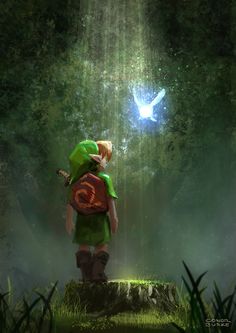 the legend of zelda standing in front of a forest with a bird flying overhead