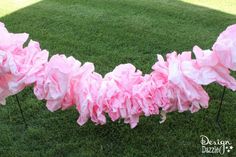 some pink tissue paper flowers are on the grass and there is no one in it