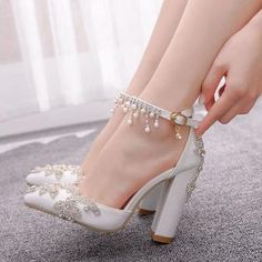 High heel women's shoes · Mileg · Online Store Powered by Storenvy Chunky Heel Wedding Shoes, Heels Rhinestone, Fall Winter Dress, Heels Aesthetic, Rhinestone Chain