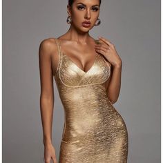 Beautiful Gold,Sexy Cocktail Dress. A Showstopper Bandaid, Stretchy, Tight, Flattering. Elegant Bodycon Dress With Built-in Bra For Night Out, Fitted Bandage Dress For Party Season Date Night, Glamorous Stretch Bandage Dress For Night Out, Glamorous Fitted Bandage Dress For Night Out, V-neck Bodycon Dress With Built-in Bra For Night Out, Glamorous Fitted Backless Mini Dress, Glamorous Fitted Bandage Dress For Party Season, Glamorous Sheath Bodycon Club Dress, Fitted Spaghetti Strap Bodycon Dress For Night Out