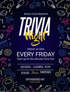 an event flyer for trivia night with doodles and other items on the dark background