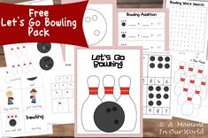 the let's go bowling activity pack is shown in red and black with text that reads