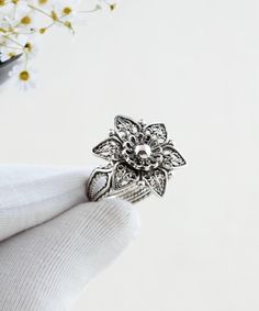 925 Sterling Silver Filigree Lily Women Ring, Handmade Floral Filigree Lotus Art Nouveau Statement Ring, Nature Flower Cocktail Ring Gift Birthday gift, silver gift for mom, flower gift ring, stylish flower ring, daffodil ring gift, one of a kind ring, gift for ladies ring Material: 925 Sterling Silver ( NICKEL FREE ) FREE, FAST AND TRACKABLE SHIPPING FOR ALL EU COUNTRIES AND USA. This artisan crafted band ring add a bold fashion statement to any look. The handcrafted designs that make a beautiful fashion statement. Bold fashion jewelry. This vintage band ring, original, and stylish luxury jewelry is perfect for wearing at parties, festivals and everyday life. COMES WİTH VELVET POUCH AND LUXURY GİFT BOX. Makes a great silver band gift: Beautiful jewelry to give for every occasion. The perf Traditional Sterling Silver Filigree Ring For Wedding, Handmade Traditional Flower Ring For Anniversary, Traditional Handmade Flower Ring For Anniversary, Traditional Handmade Flower Ring As Gift, Bohemian Flower Ring With Intricate Design For Gift, Ornate Flower Ring With Intricate Design For Gift, Silver Flower Ring With Intricate Design For Anniversary, Traditional Flower Ring With Intricate Design Gift, Traditional Flower Ring With Intricate Design As Gift