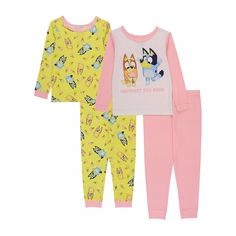 Bluey Pajama Set ***Quick Shipping! US Seller. Guaranteed Authentic Officially Licensed Disney Merchandise!*** "Happiest Day Ever!" Super cute Bluey print with such a sweet message. Comfy 100% snug fit cotton- warm & cozy.  Your little one will love this sweet set featuring Bluey & Bingo from the charming Australian cartoon, Bluey. Perfect for bedtime or watching their favorite show. Please visit our store for the matching Bluey robe! Brand new with tags in sealed catalog bag. Shipped from our Smoke free, pet free boutique. Product Features: 4 Piece set includes: 2 tops, 2 pants, as pictured Top: crewneck, long sleeves Pants: elastic waistband Cotton rib Machine Wash Officially Licensed Tag on pj set reads: For children's safety, garments should be snug fitting, as loose fitting garments a Bedtime Routines, School Uniform Shoes, Back To School Kids, Swim Trends, Cotton Sleepwear, Kids Trend, Pajama Pant, Baby Sale, Linen Shop